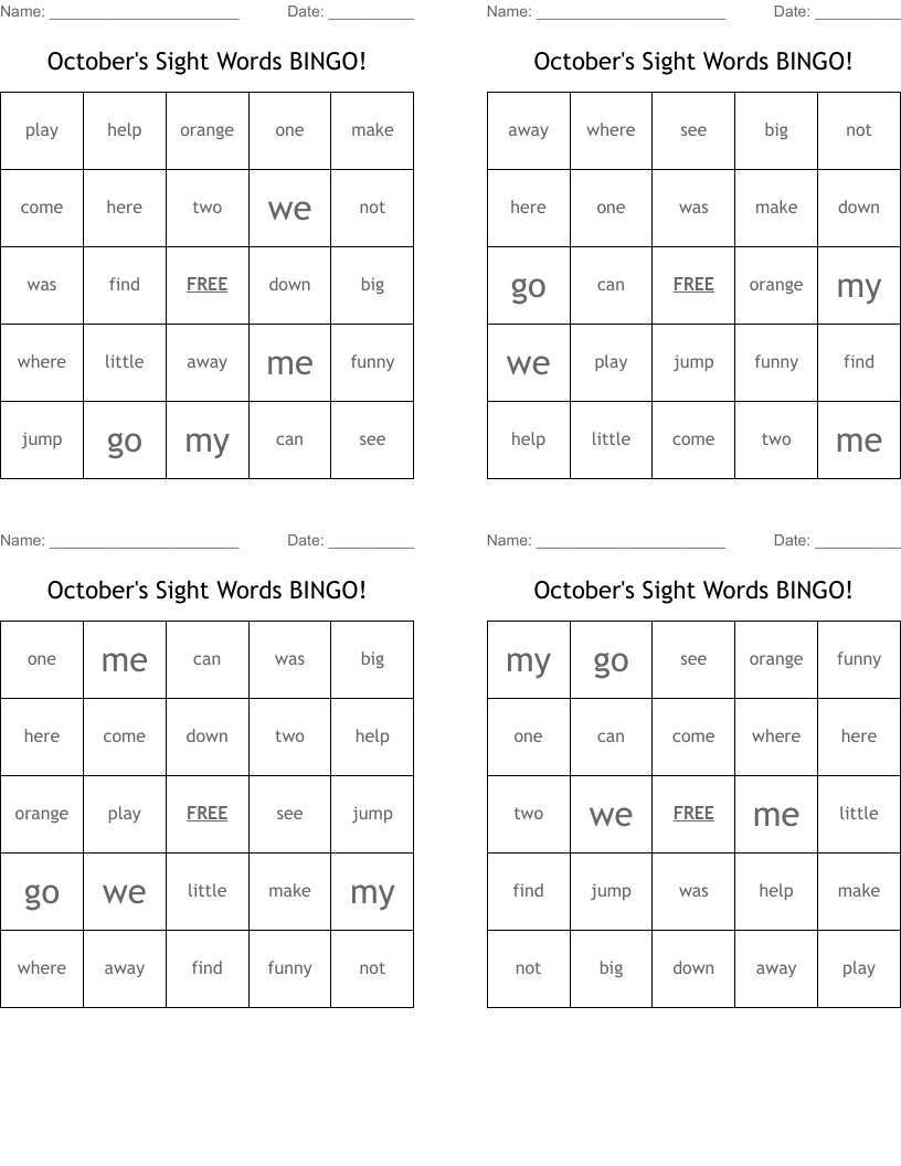 October's Sight Words BINGO!