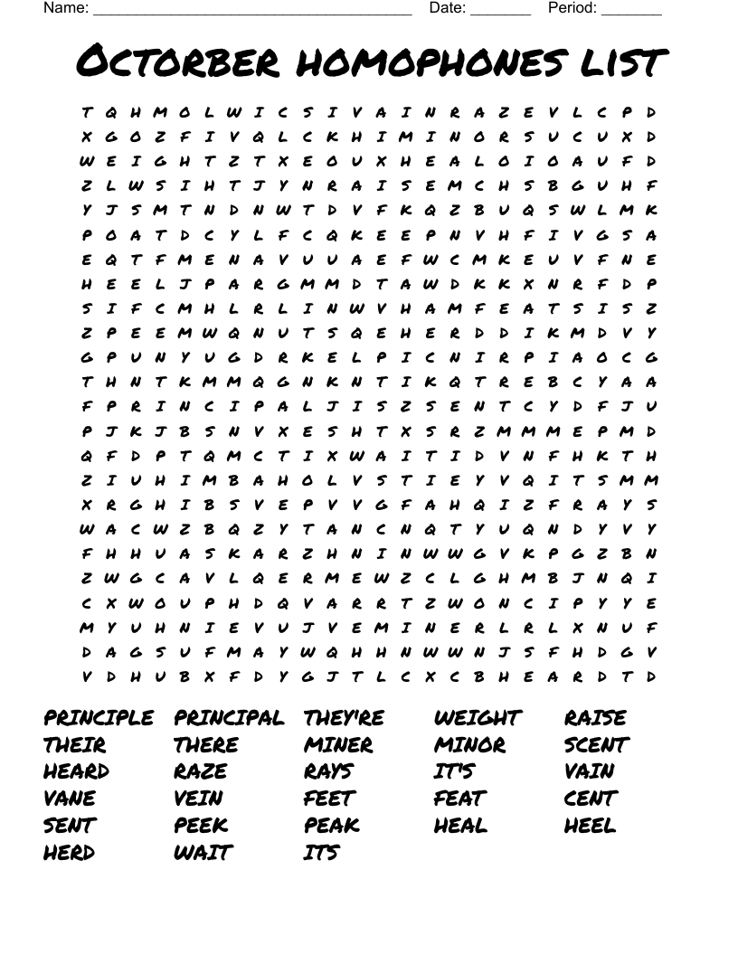 Octorber homophones list Word Search