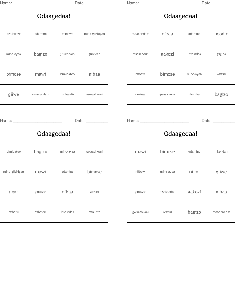 Odaagedaa! Bingo Cards
