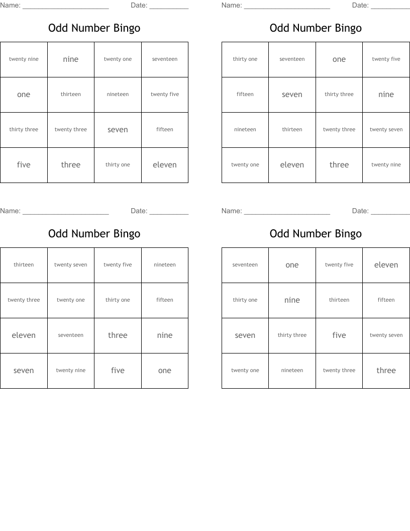 Odd Number Bingo