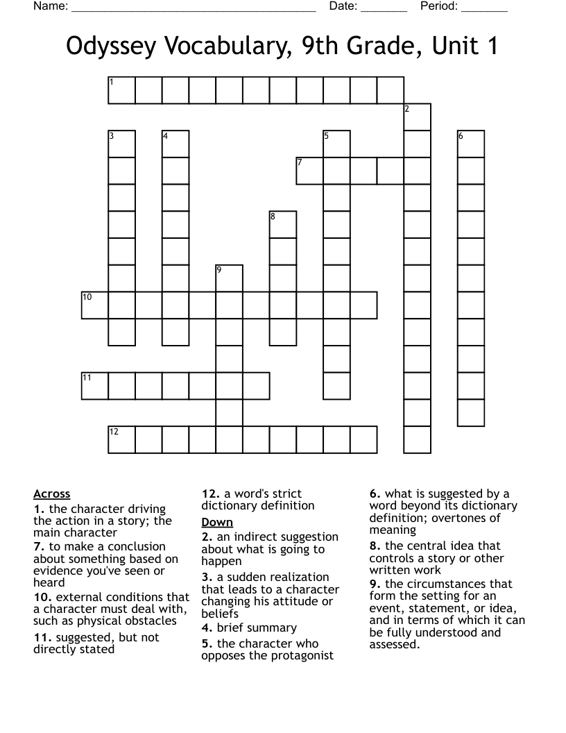 Odyssey  Vocabulary, 9th Grade, Unit 1  Crossword
