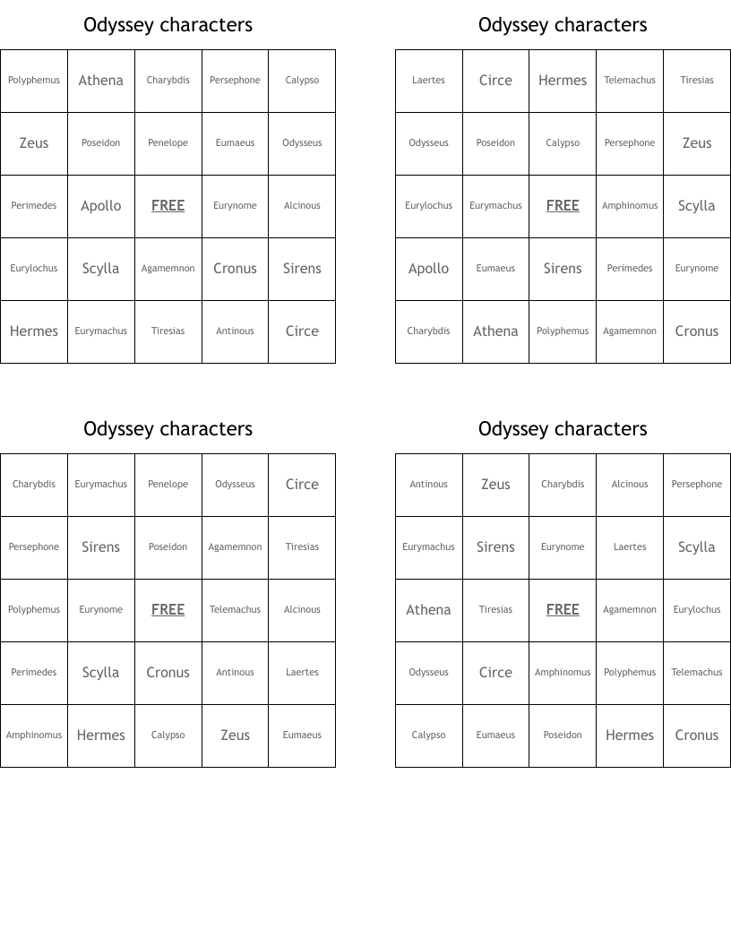 Odyssey characters Bingo Cards