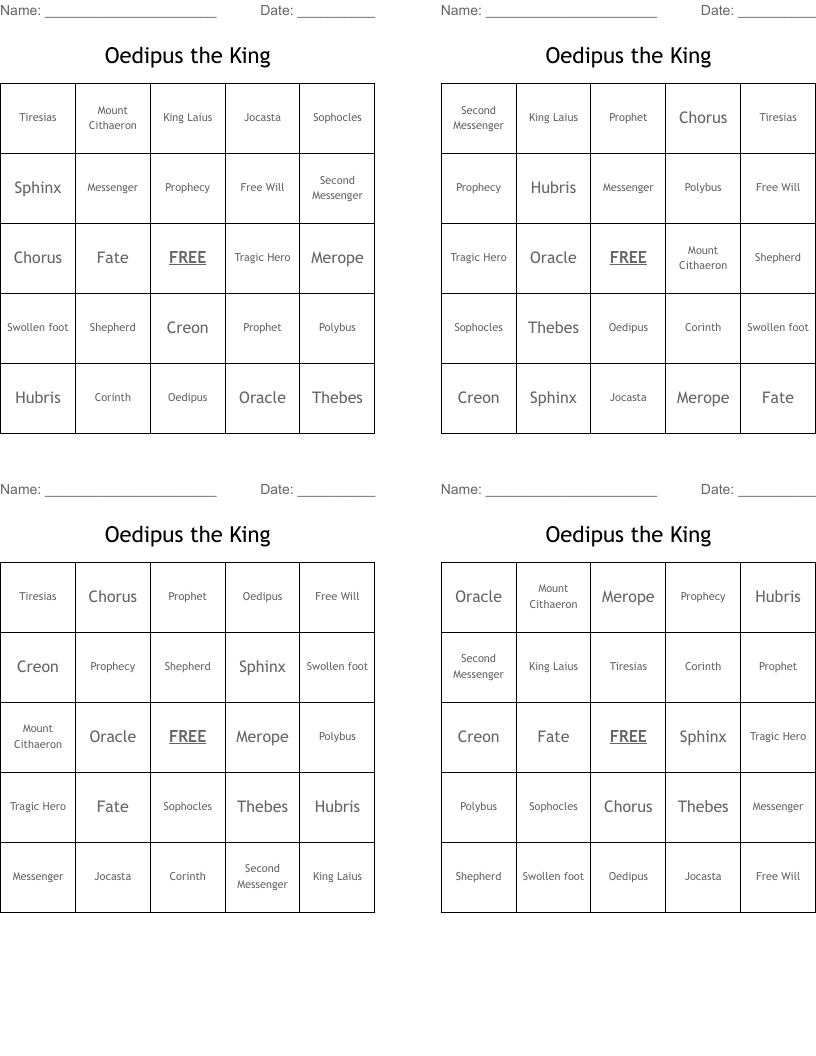 Oedipus the King Bingo Cards