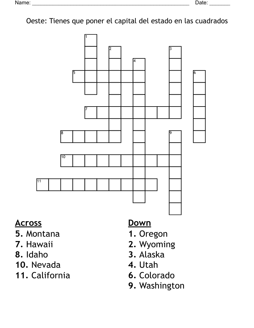 Oeste: Tienes que poner el capital del estado en las cuadrados Crossword