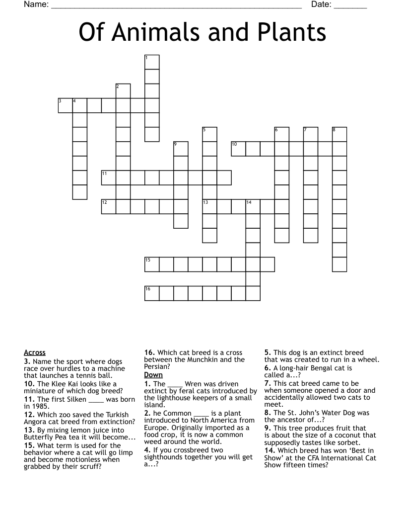 Of Animals and Plants Crossword