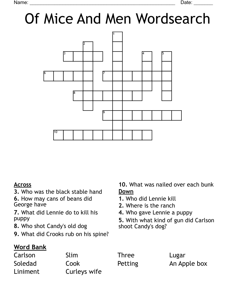 Of Mice And Men Wordsearch Crossword
