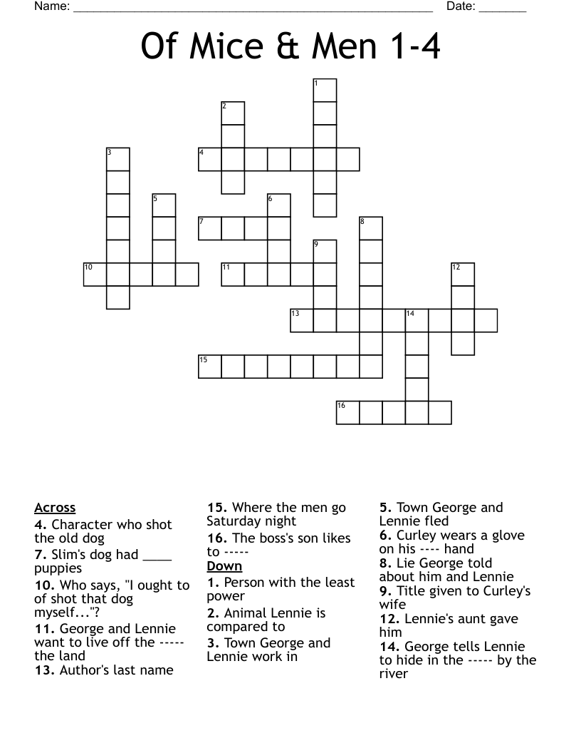 Of Mice & Men 1-4 Crossword