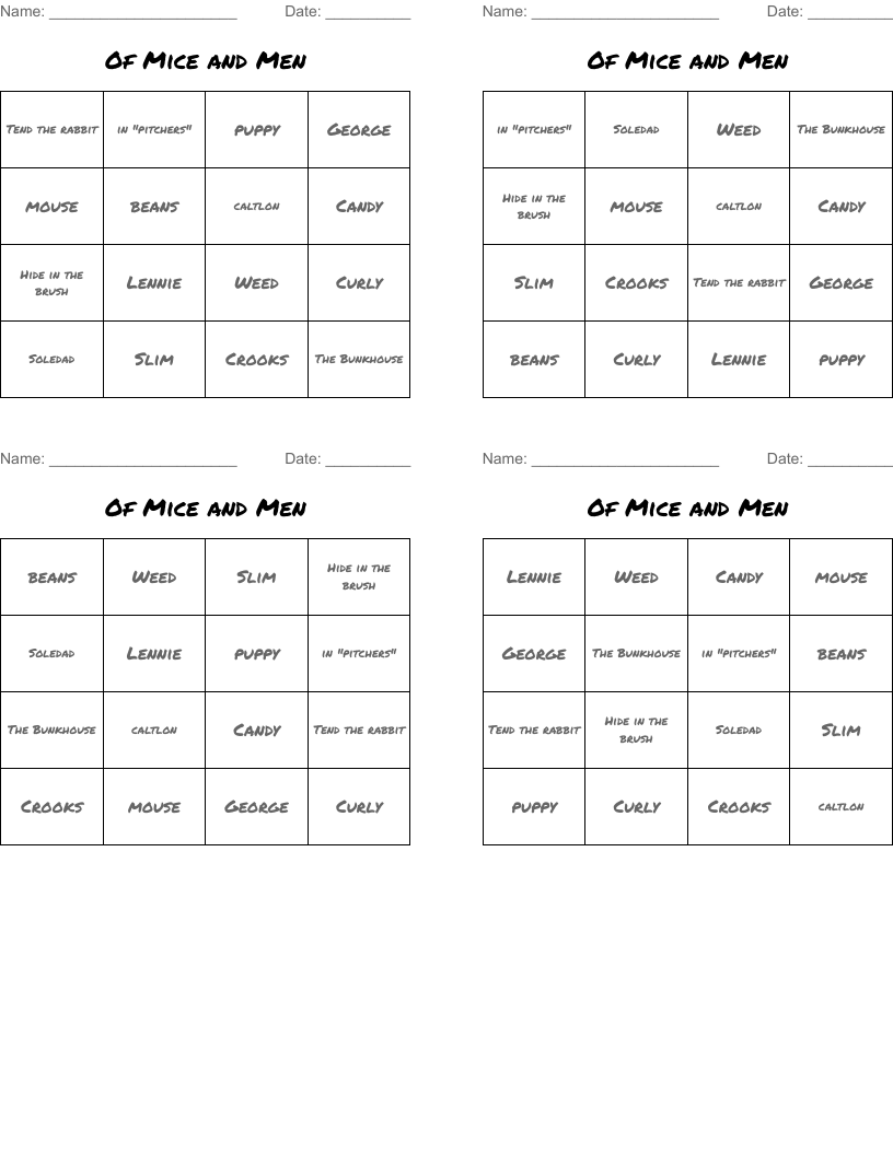 Of Mice and Men Bingo Cards