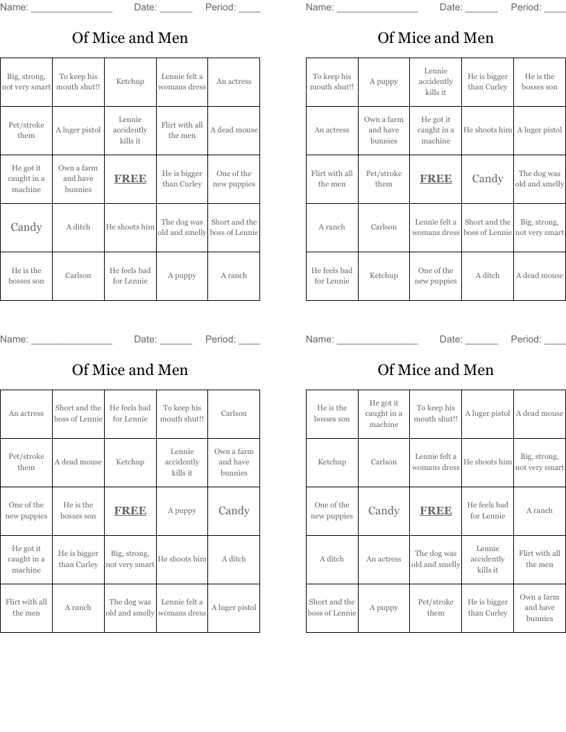 Of Mice and Men Bingo Cards