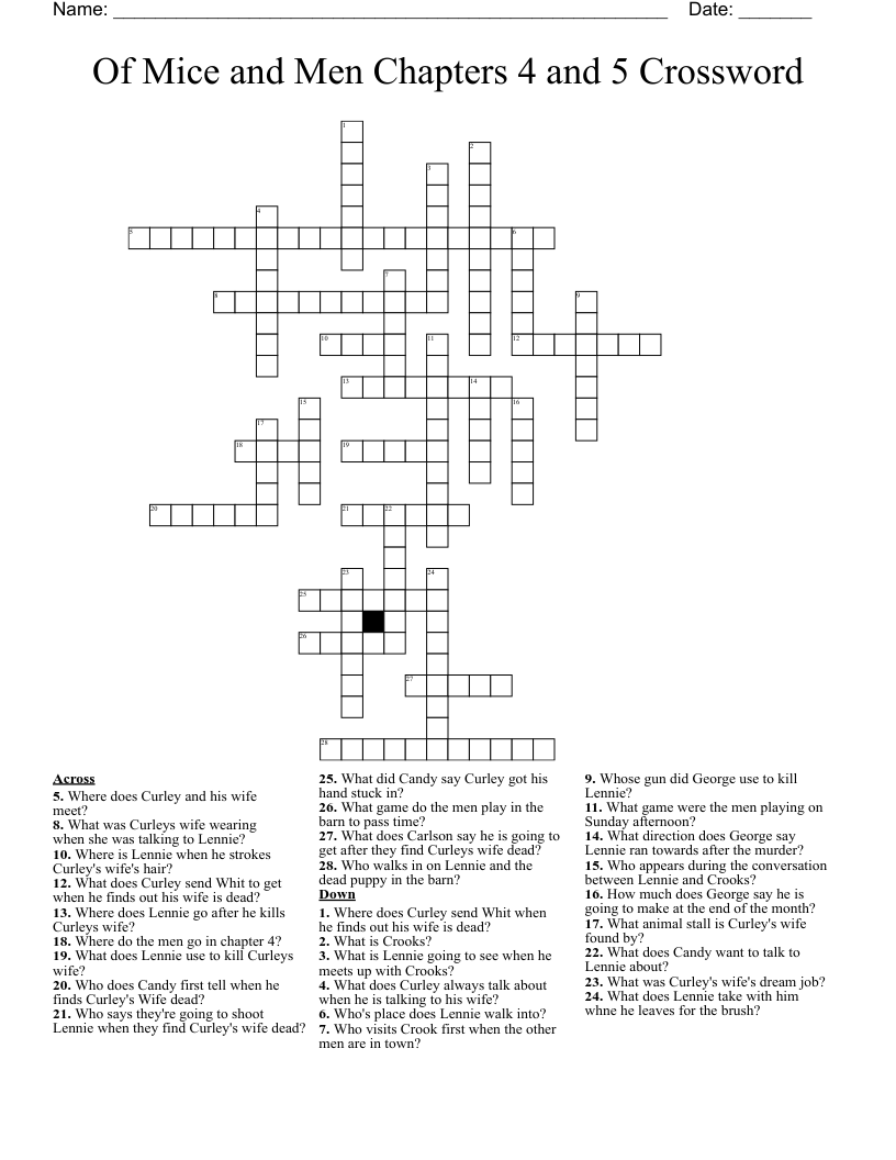 Of Mice and Men Chapters 4 and 5 Crossword