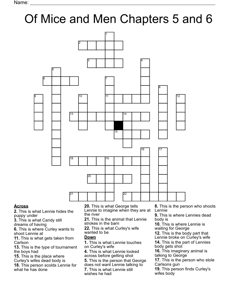Of Mice and Men Chapters 5 and 6 Crossword