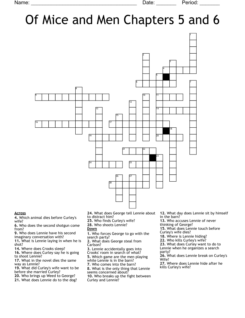 Of Mice and Men Chapters 5 and 6 Crossword