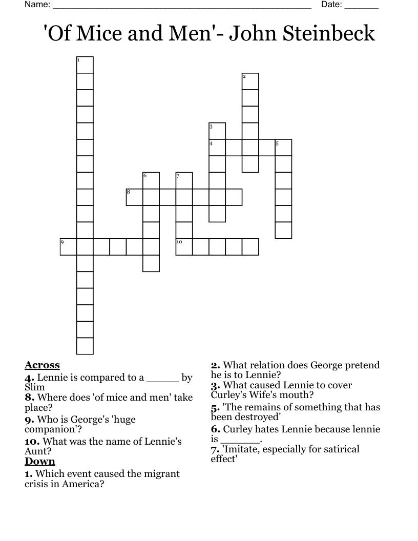 'Of Mice and Men'- John Steinbeck Crossword