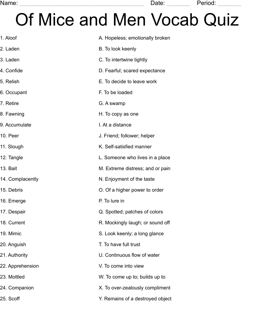 Of Mice and Men Vocab  Quiz Worksheet
