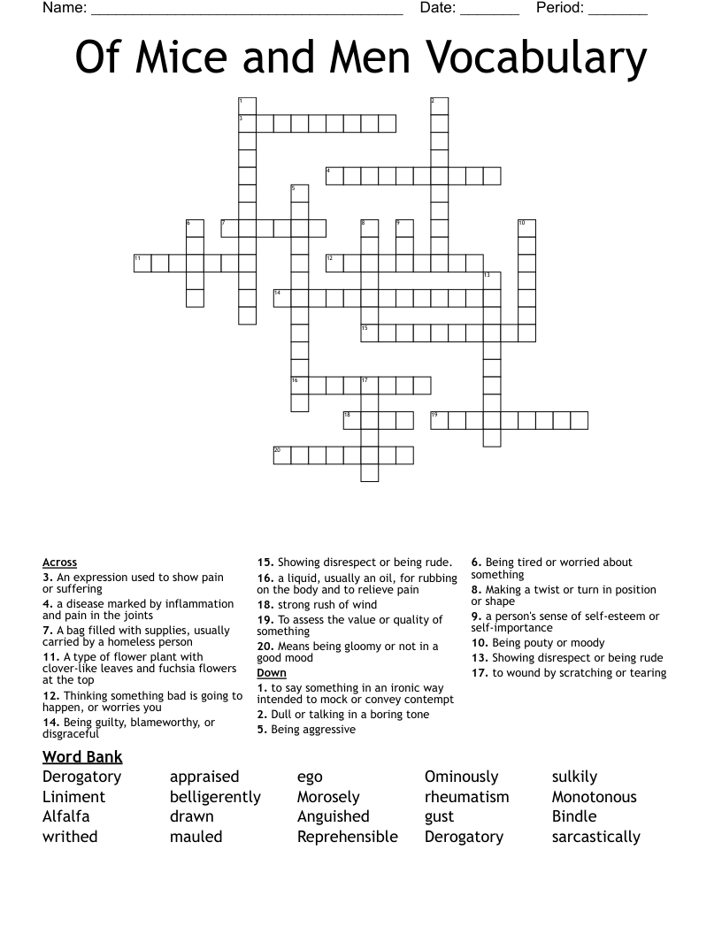 Of Mice and Men Vocabulary Crossword