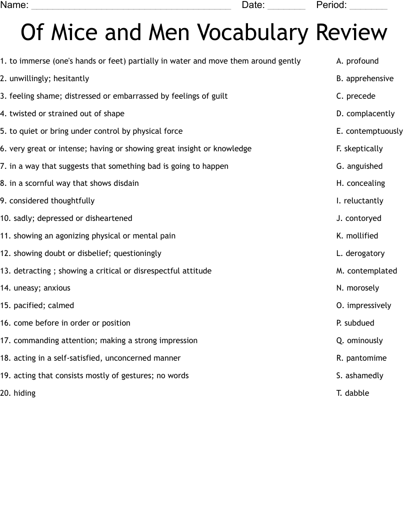 Of Mice and Men Vocabulary Review Worksheet