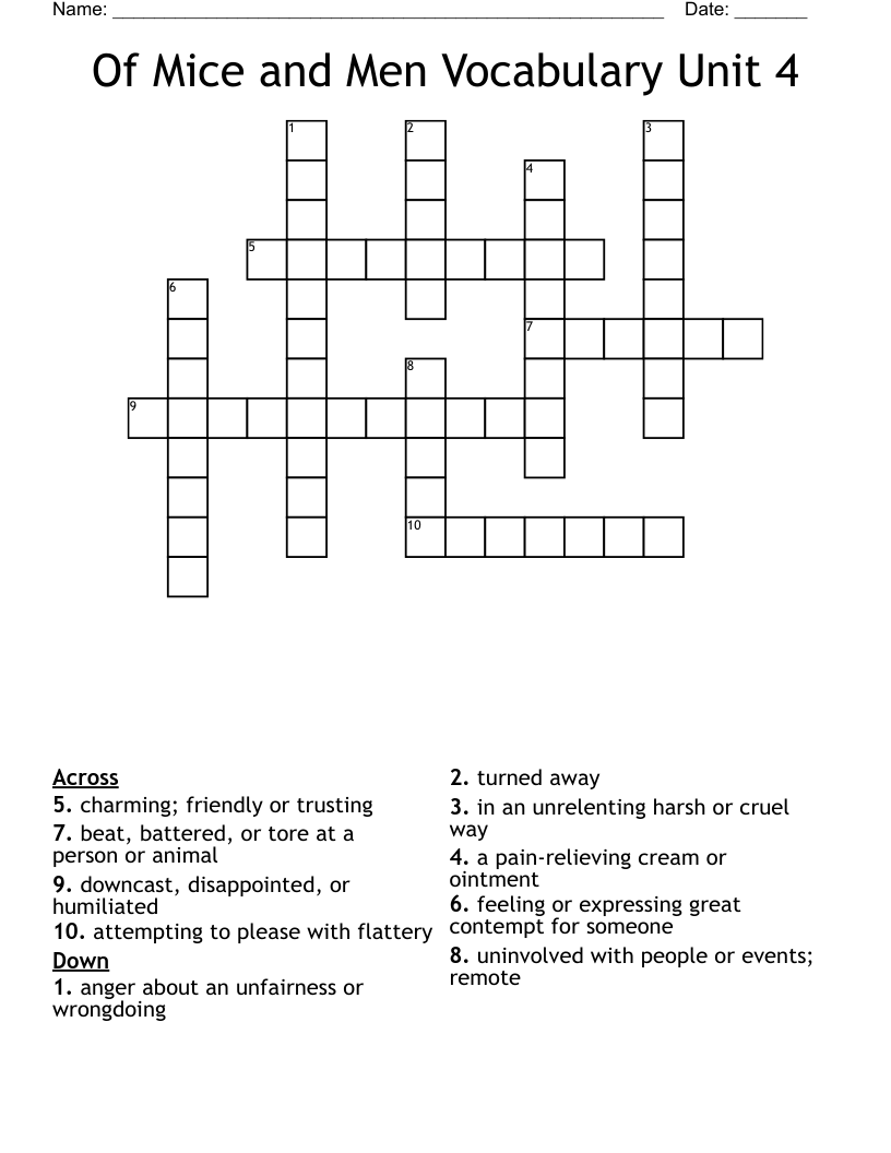 Of Mice and Men Vocabulary Unit 4 Crossword
