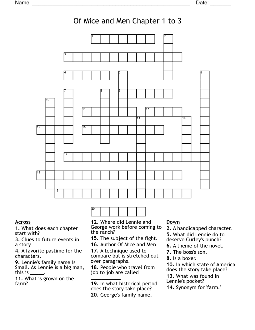 Of Mice and Men                                          Chapter 1 to 3 Crossword