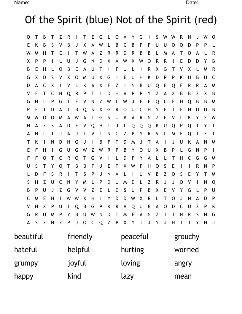 Of the Spirit (blue) Not of the Spirit (red) Word Search