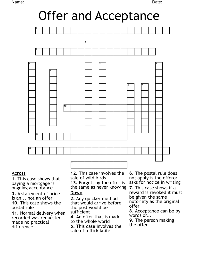 Offer and Acceptance Crossword