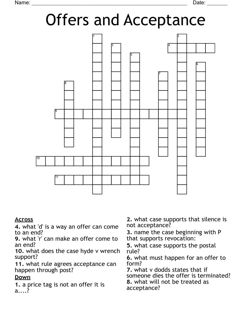 Offers and Acceptance Crossword