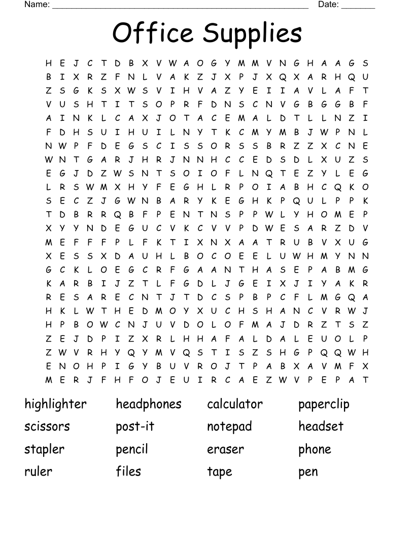 Office Supplies Word Search