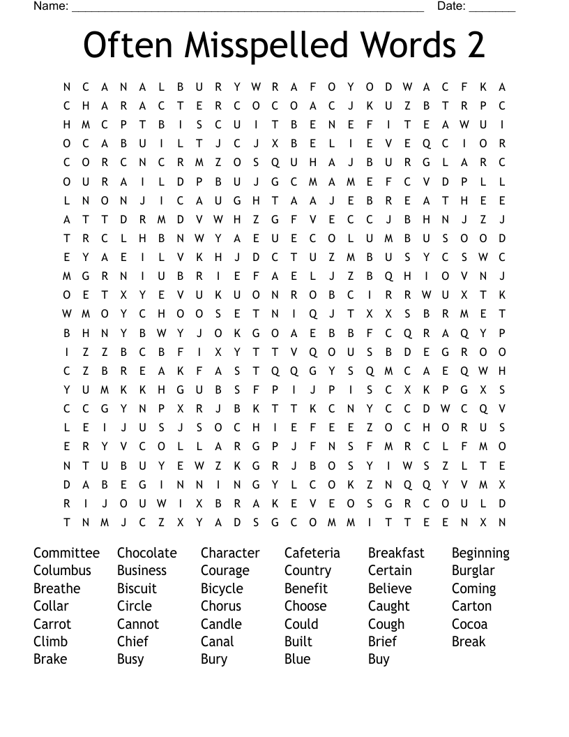 Often Misspelled Words 2 Word Search