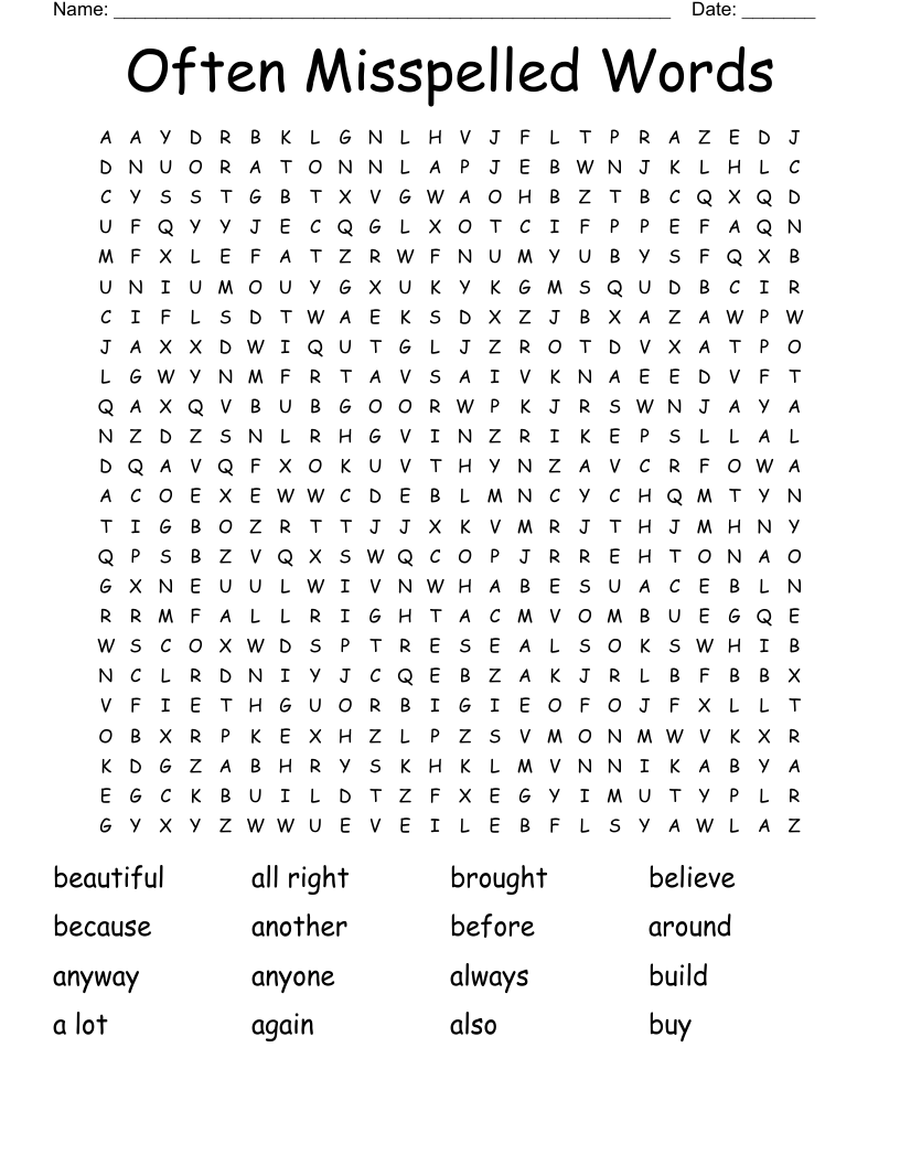 Often Misspelled Words Word Search