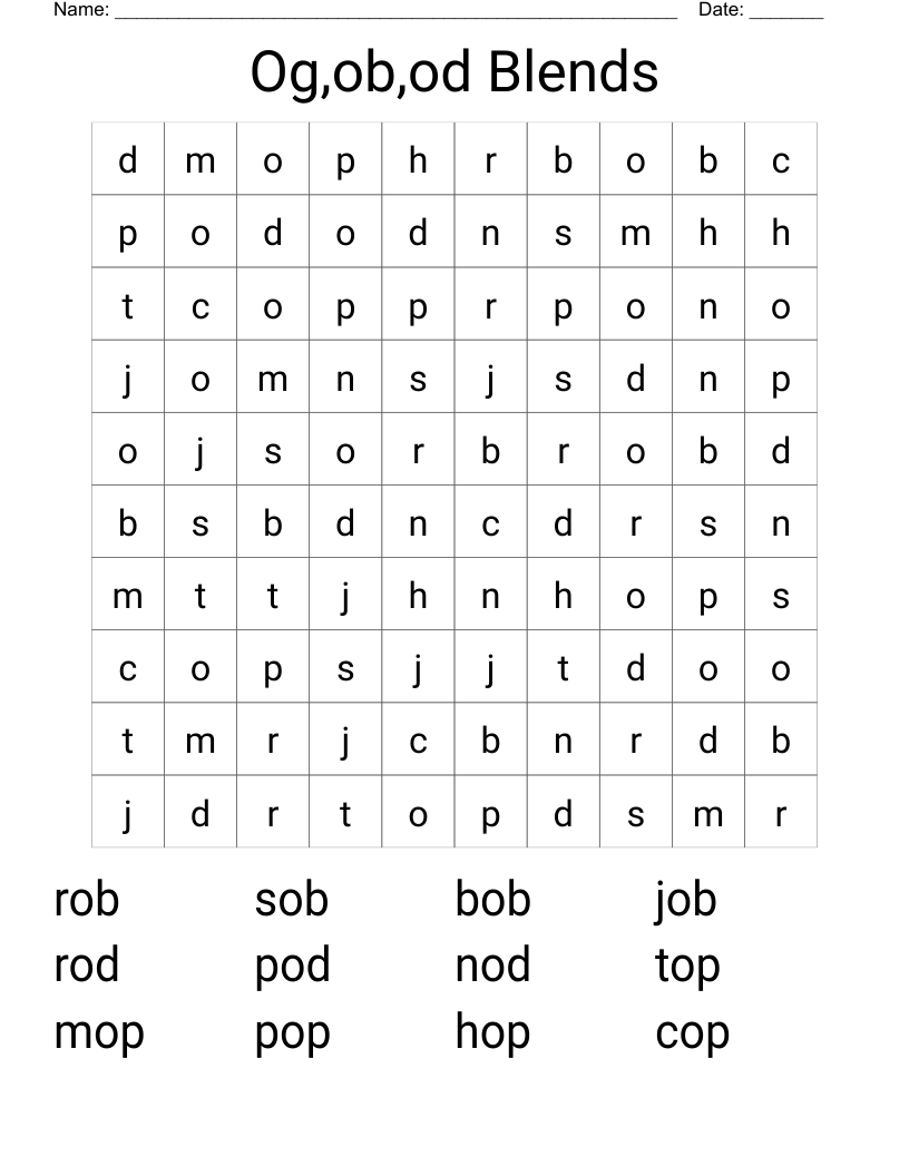 Og,ob,od Blends Word Search