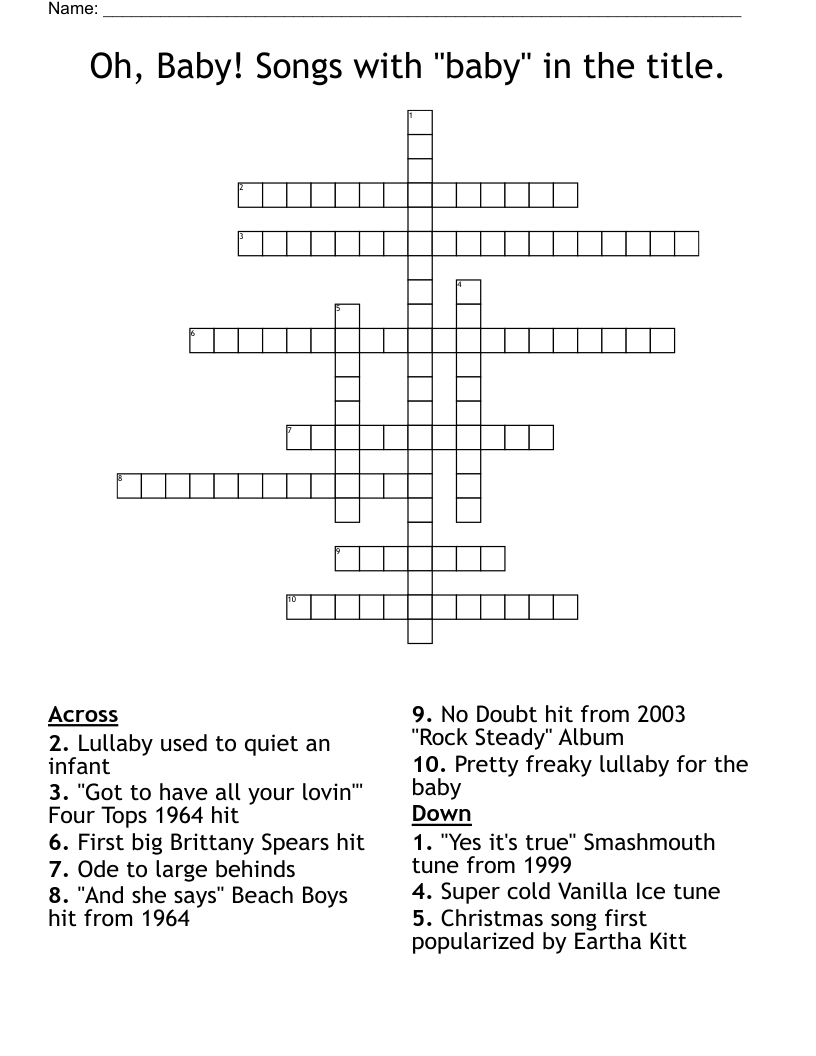 Oh, Baby!  Songs with "baby" in the title. Crossword