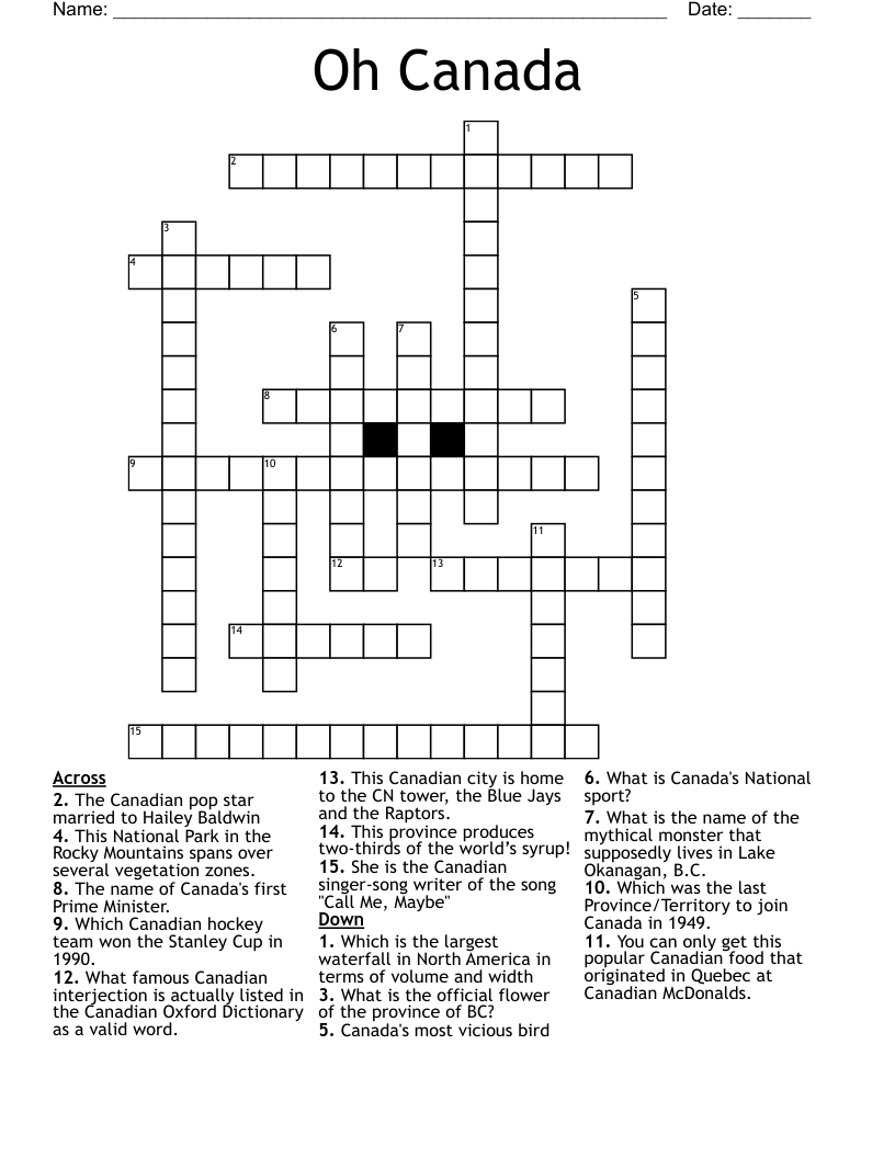 Oh Canada Crossword