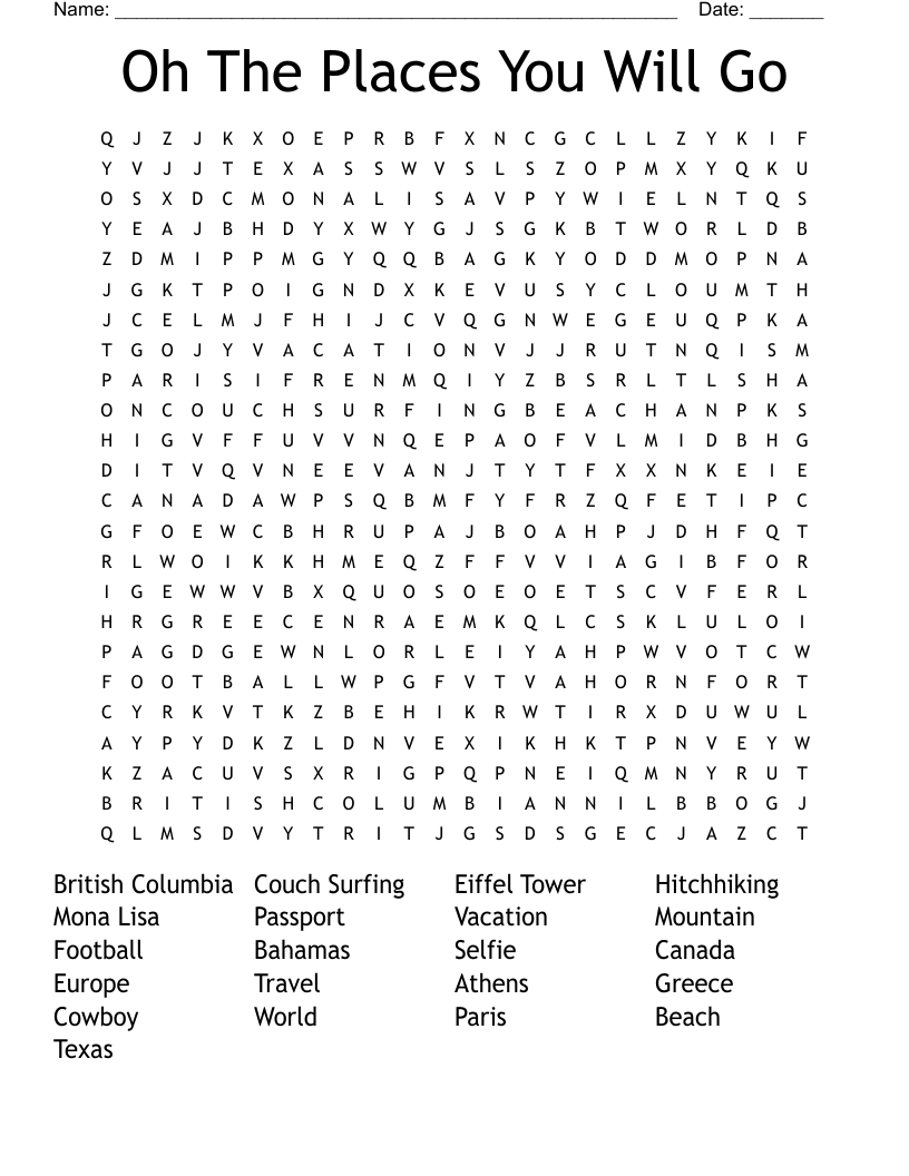 Oh The Places You Will Go Word Search