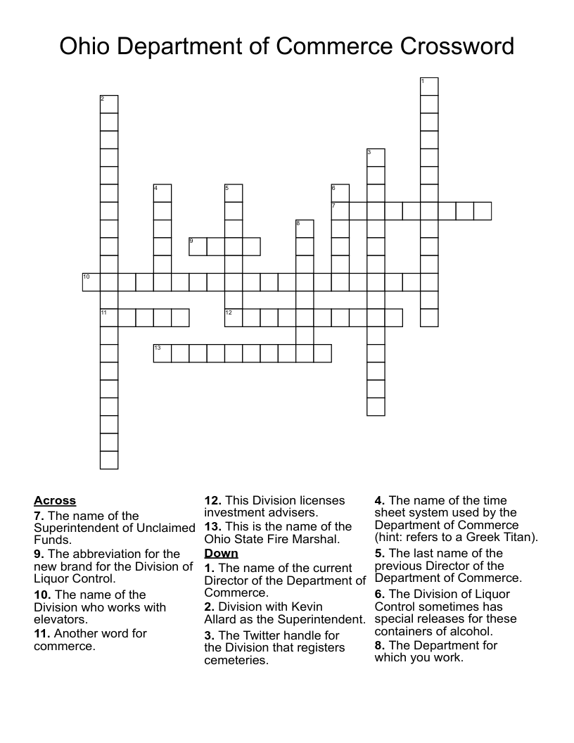 Ohio Department of Commerce Crossword