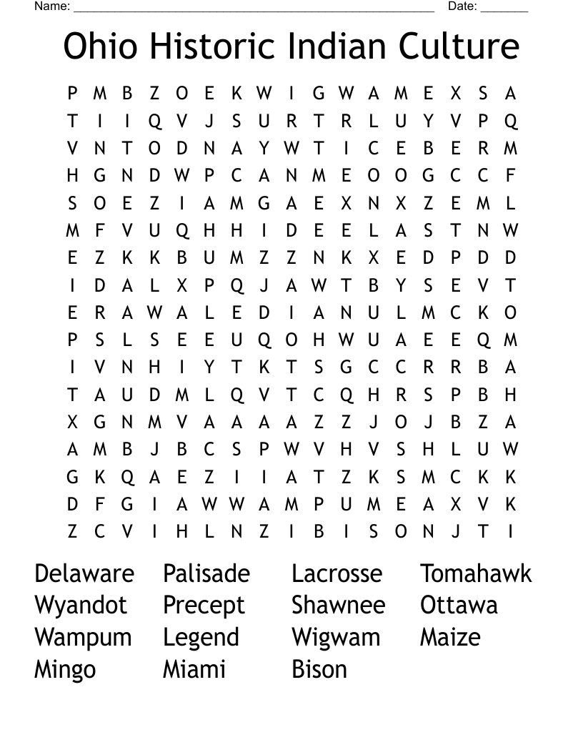 Ohio Historic Indian Culture Word Search