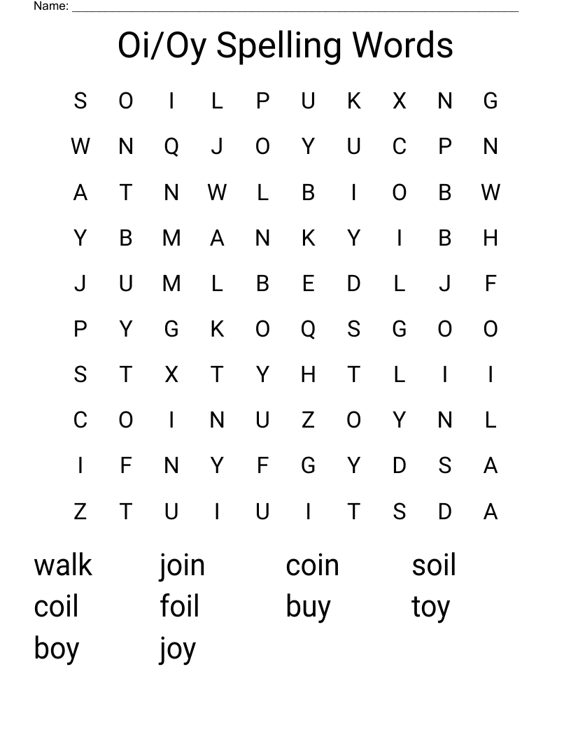 Oi/Oy Spelling Words Word Search