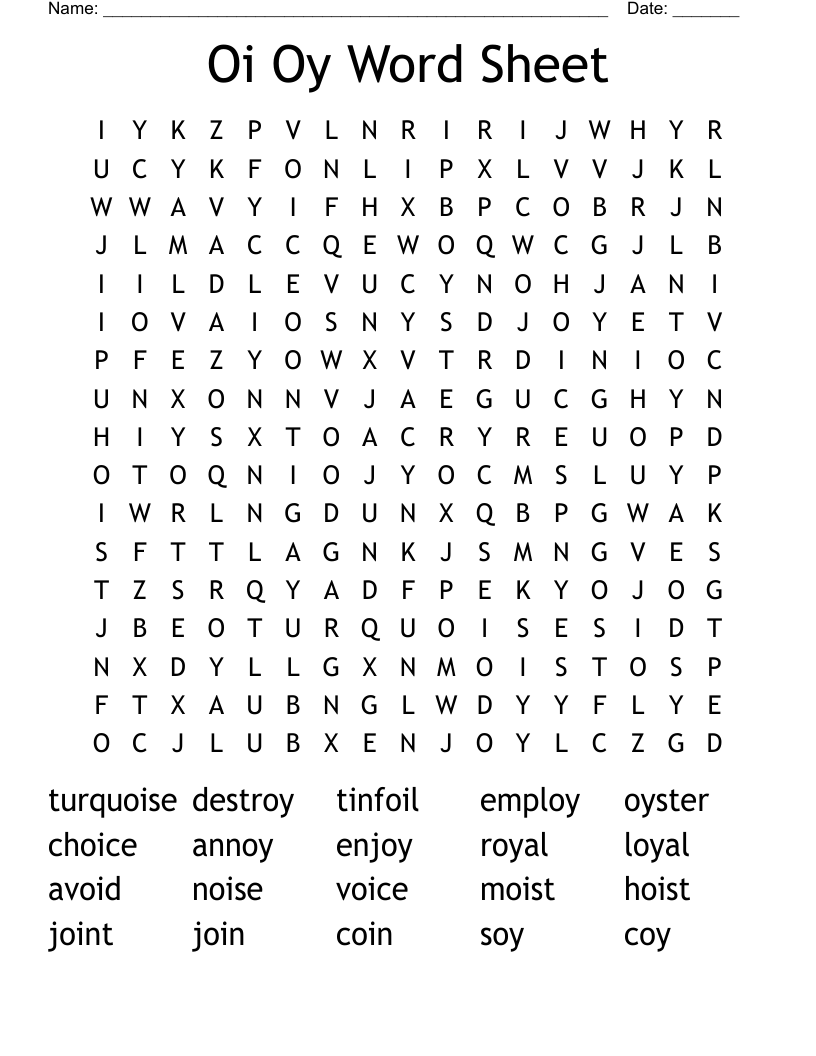 Oi  Oy Word Sheet Word Search
