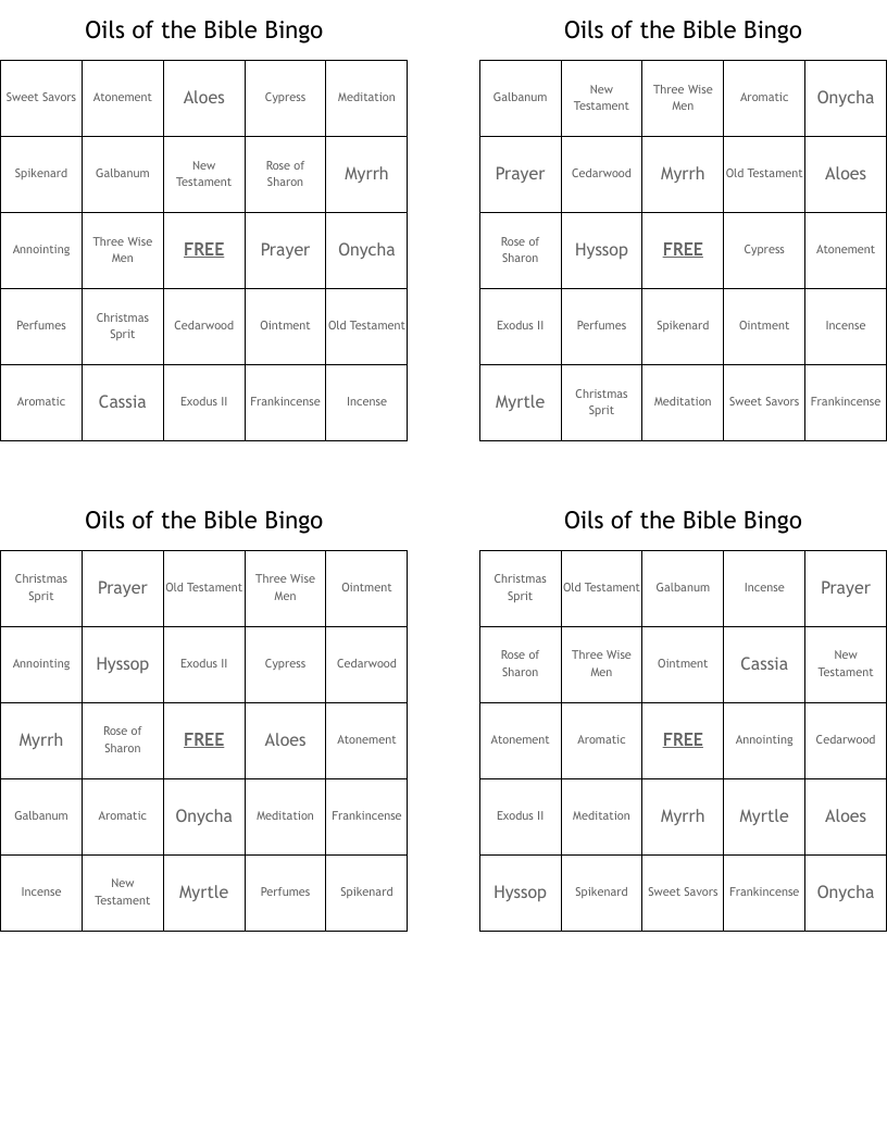 Oils of the Bible Bingo