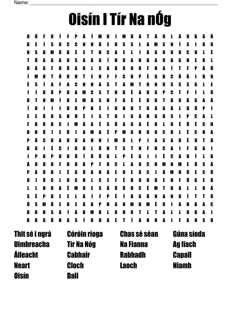 Oisín I Tír Na nÓg Word Search