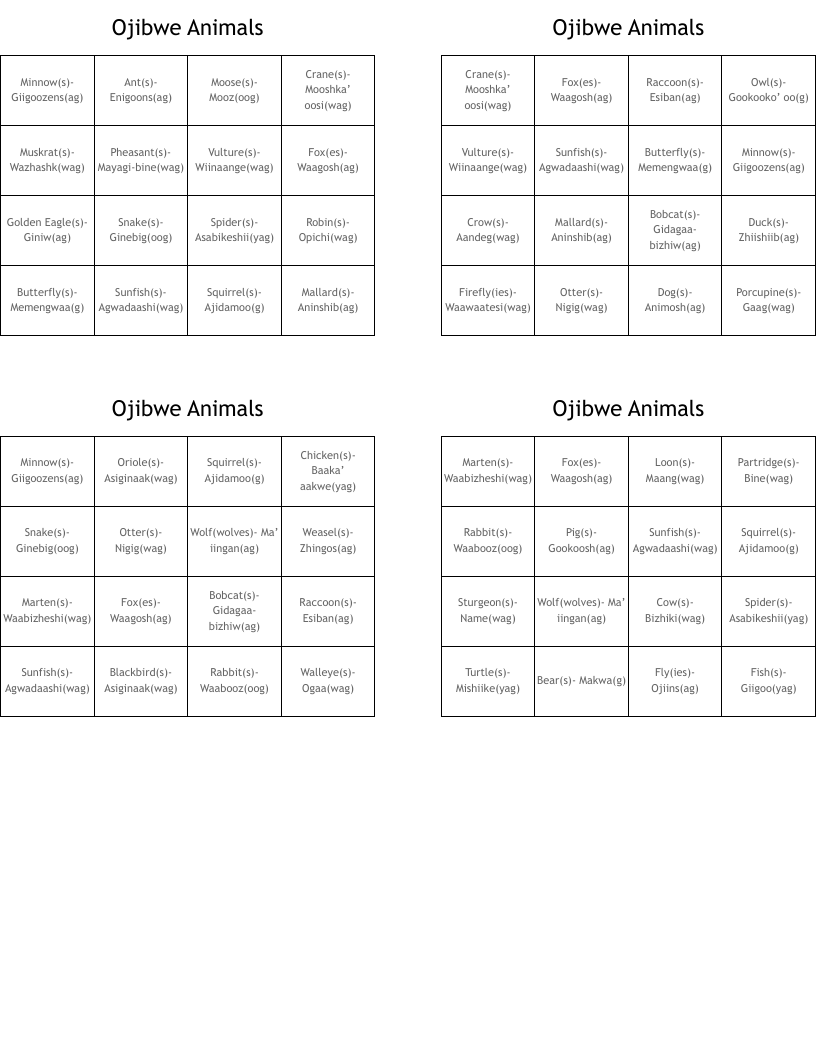 Ojibwe Animals Bingo Cards