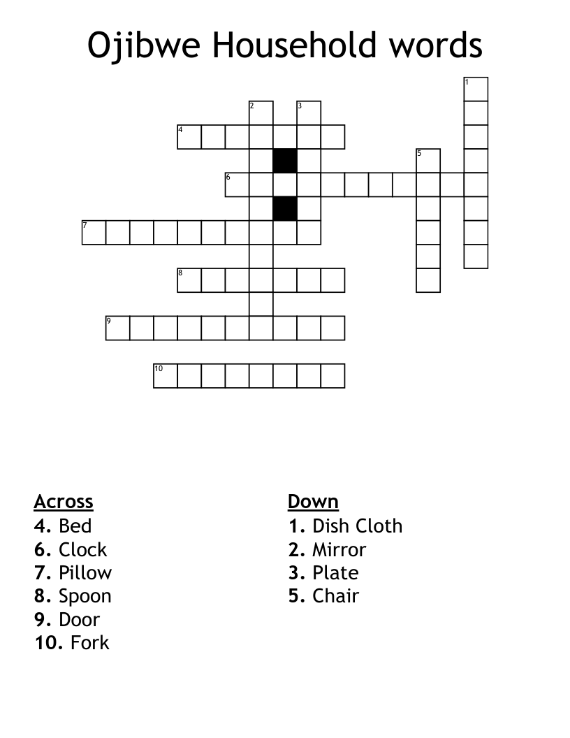 Ojibwe Household words  Crossword