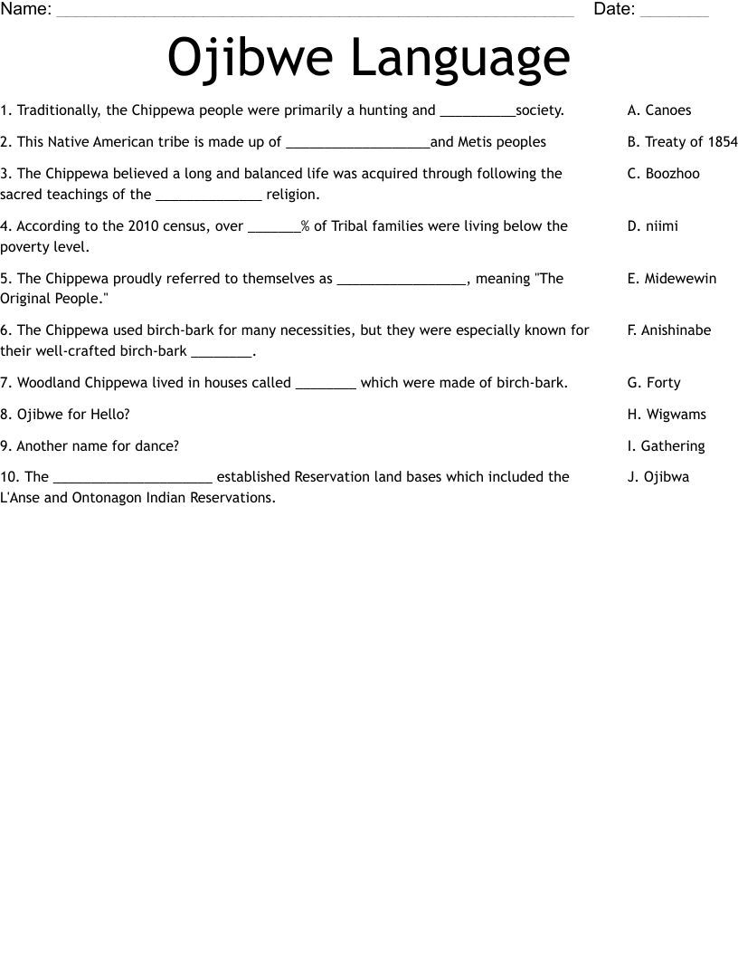 Ojibwe Language Worksheet