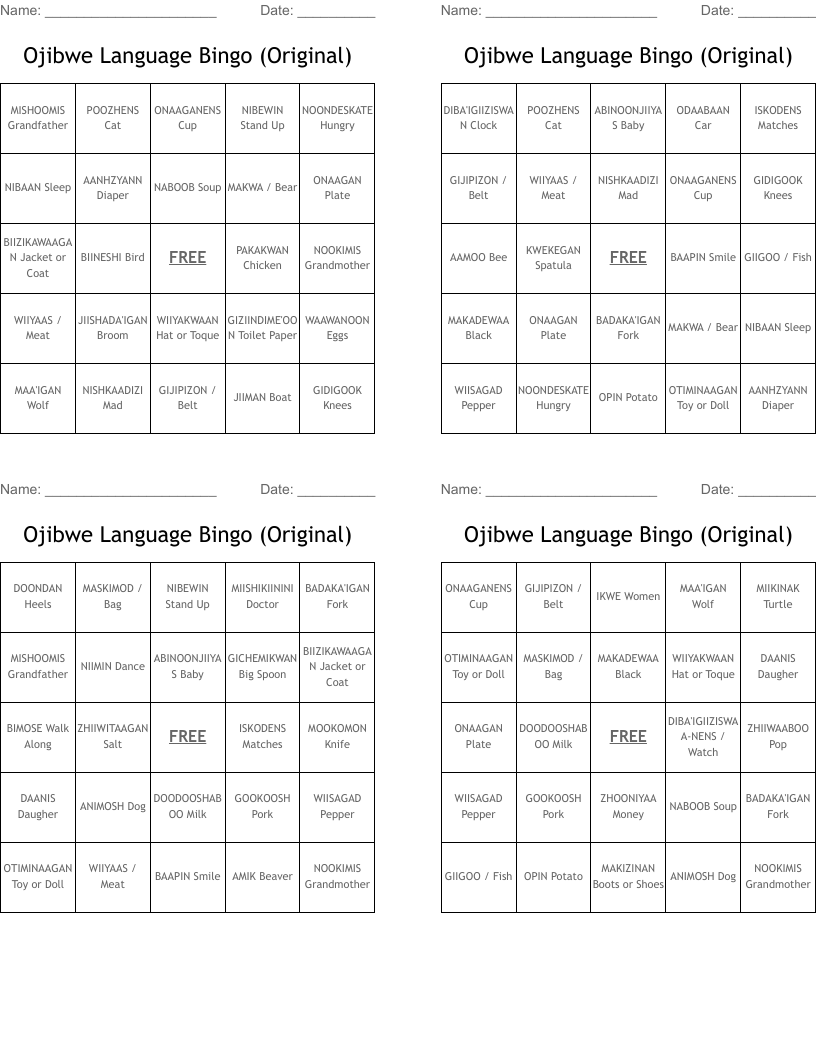 Ojibwe Language Bingo (Original)