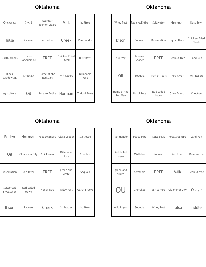 Oklahoma Bingo Cards