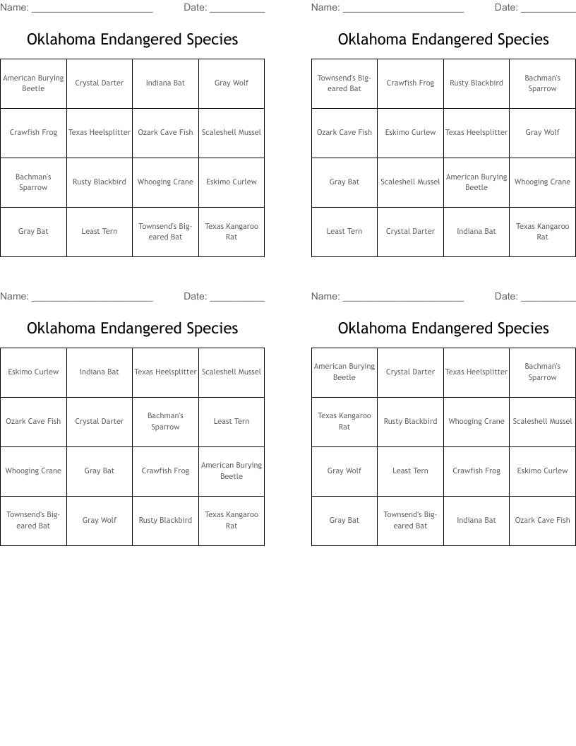 Oklahoma Endangered Species  Bingo Cards
