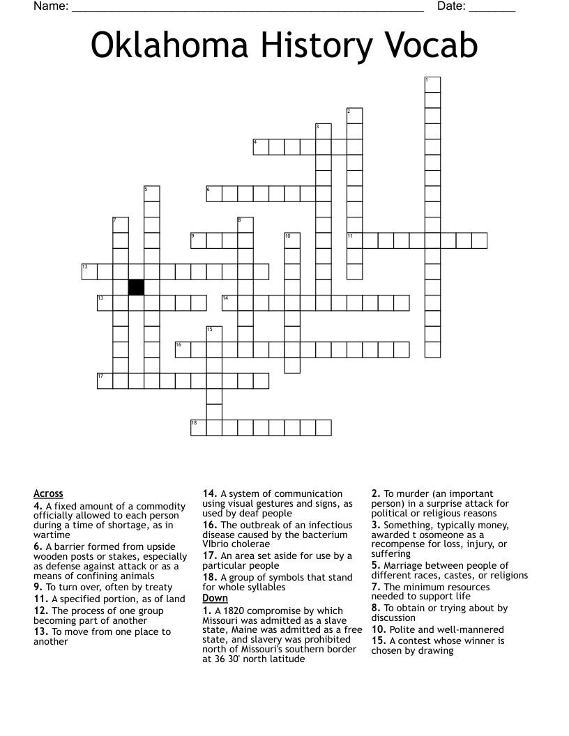 Oklahoma History Vocab Crossword