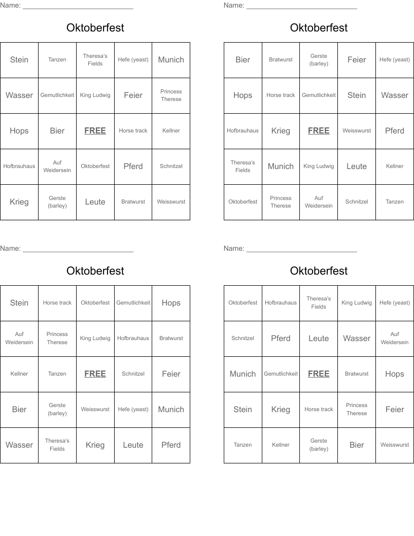 Oktoberfest Bingo Cards