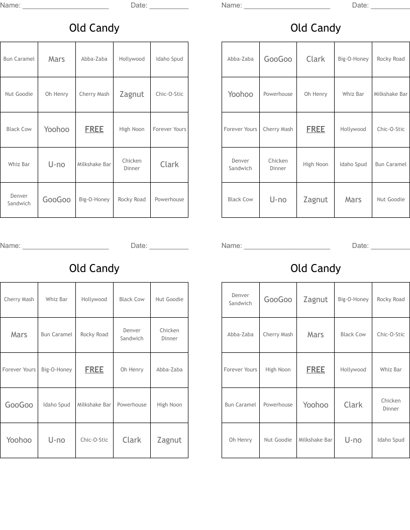 Old Candy Bingo Cards