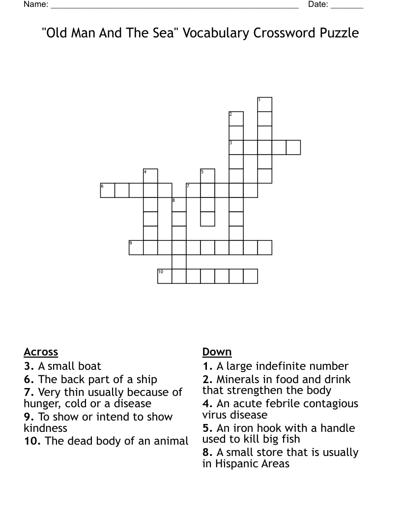 "Old Man And The Sea" Vocabulary Crossword Puzzle
