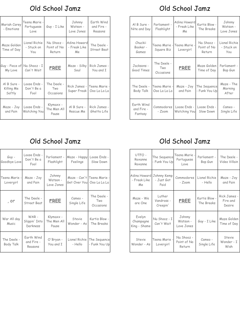 Old School Jamz  Bingo Cards