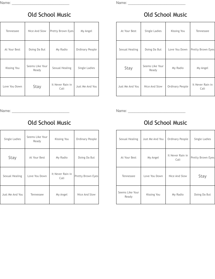 Old School Music Bingo Cards